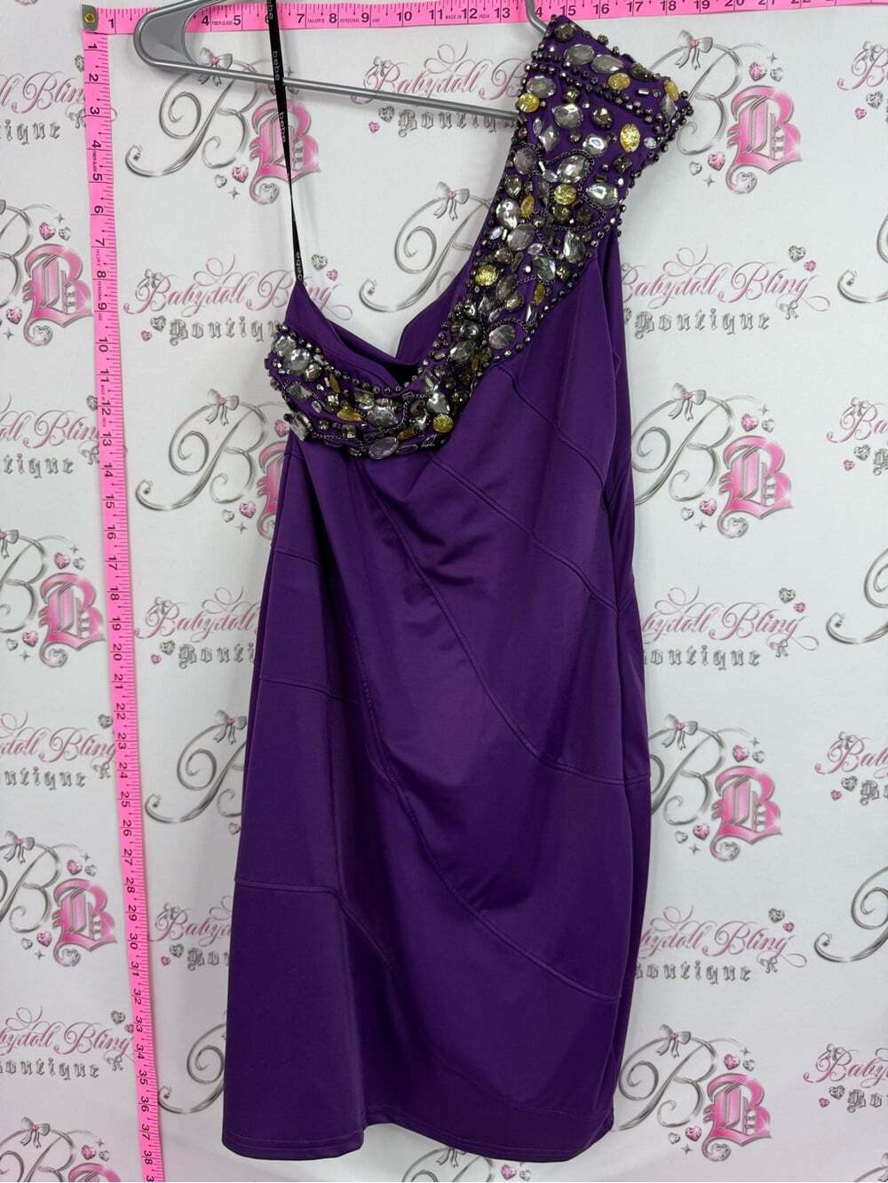 bebe dress Purple One-Shoulder Cocktail Dress with Jeweled Accents y2k